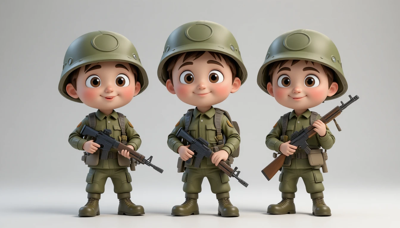 白い背景のかわいい緑色3D制服の兵士たち