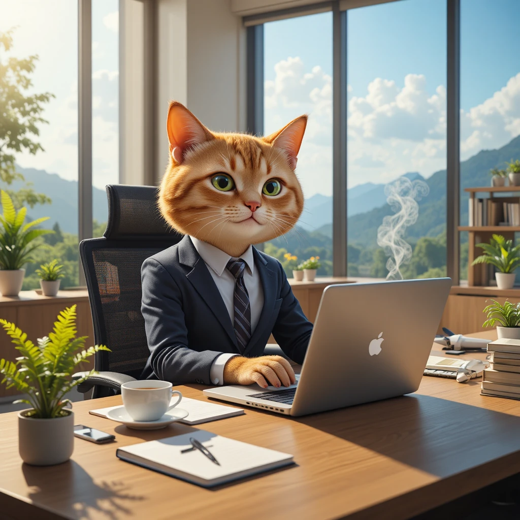 Anthropomorphische Bürokatze, die auf einem Laptop tippt