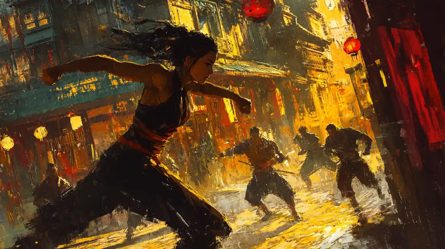 Fantasy kung fu warrior woman in ancient town battle