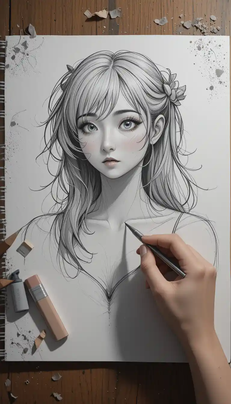 Artist sketching on textured notebook paper with pencils and tools