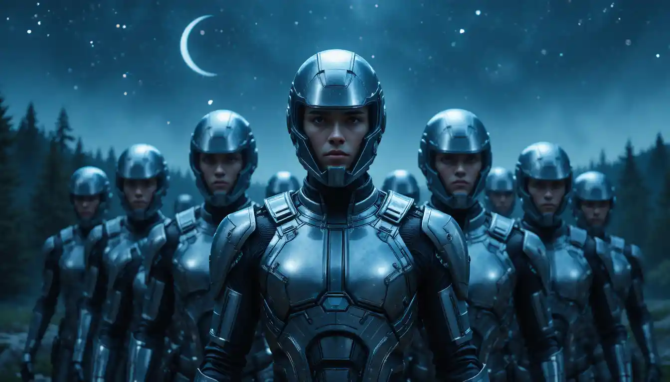 Agenti di polizia futuristici corazzati sotto una luna crescente