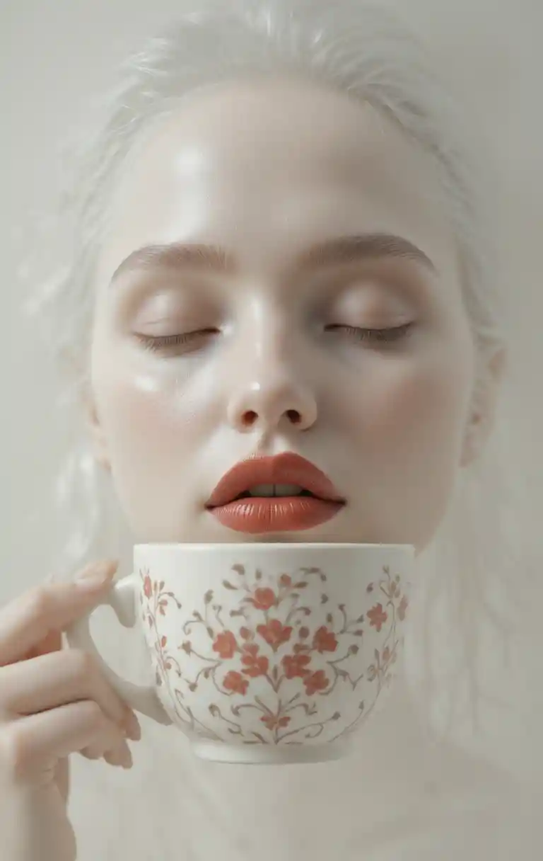 Surreal close up portrait of a porcelain woman with cup