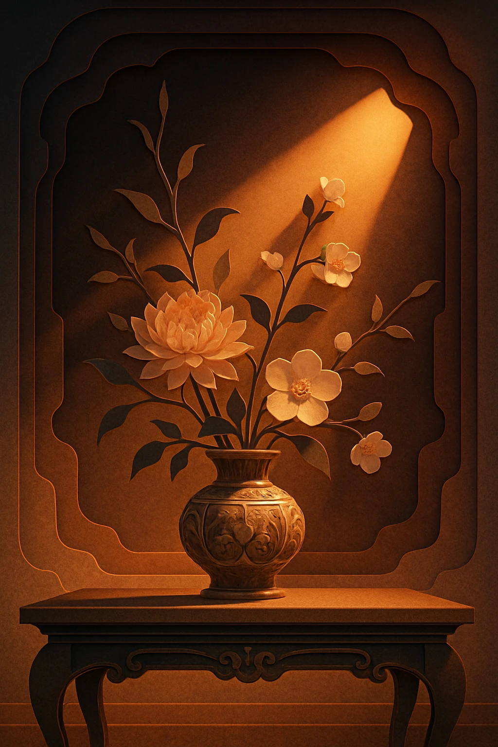 Flores de ikebana serenas bajo un foco sobre mesa elegante