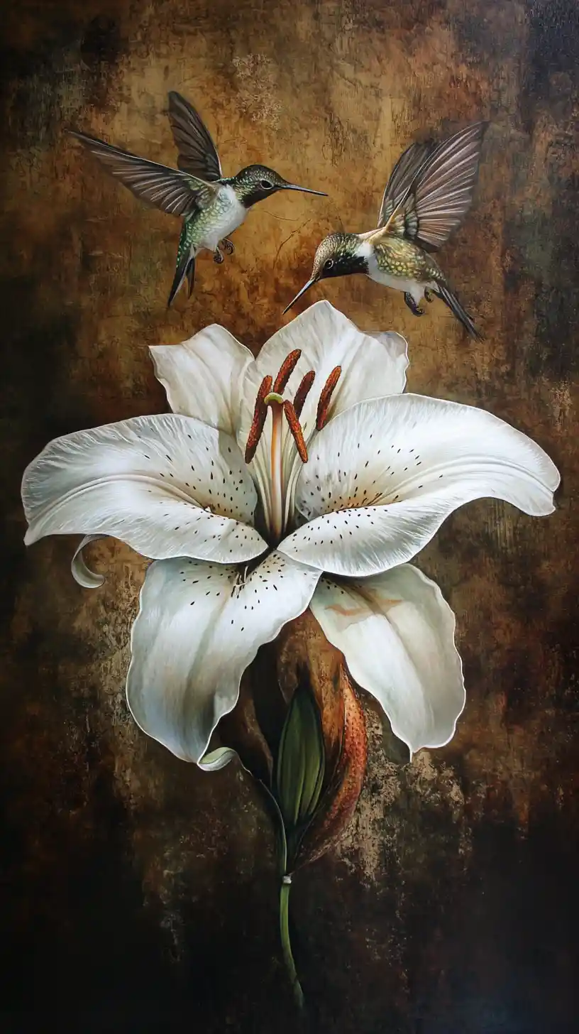 Surreal white lily face with hovering hummingbirds