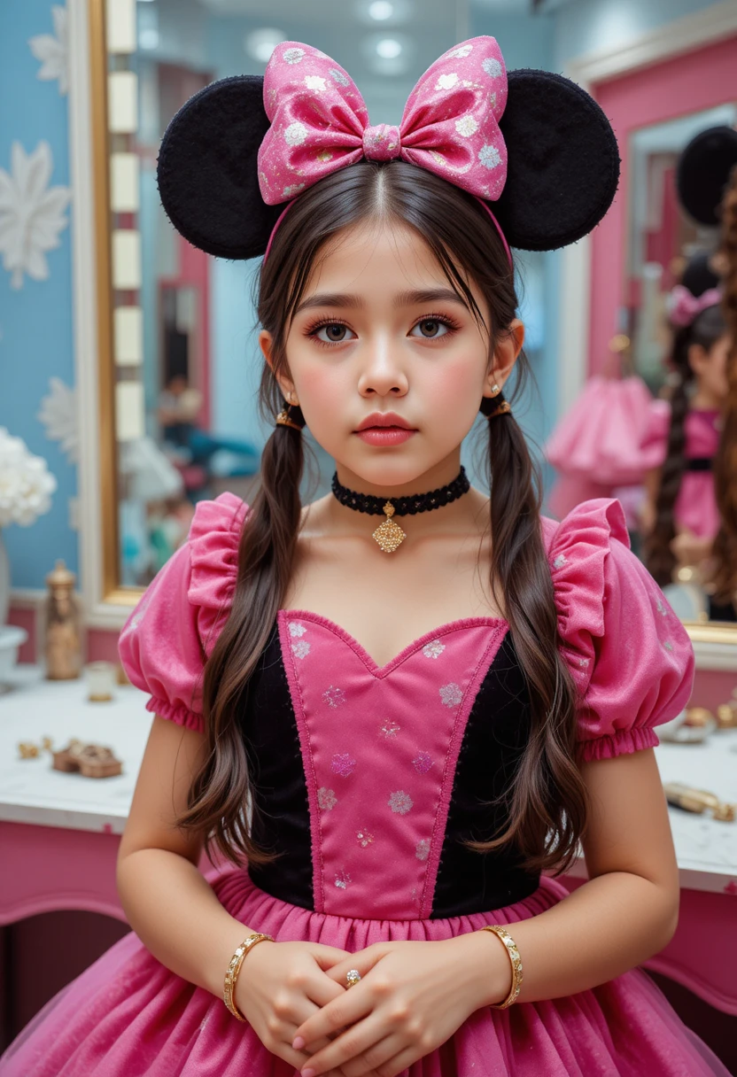 Anxious tween in pink minnie style dress at vanity