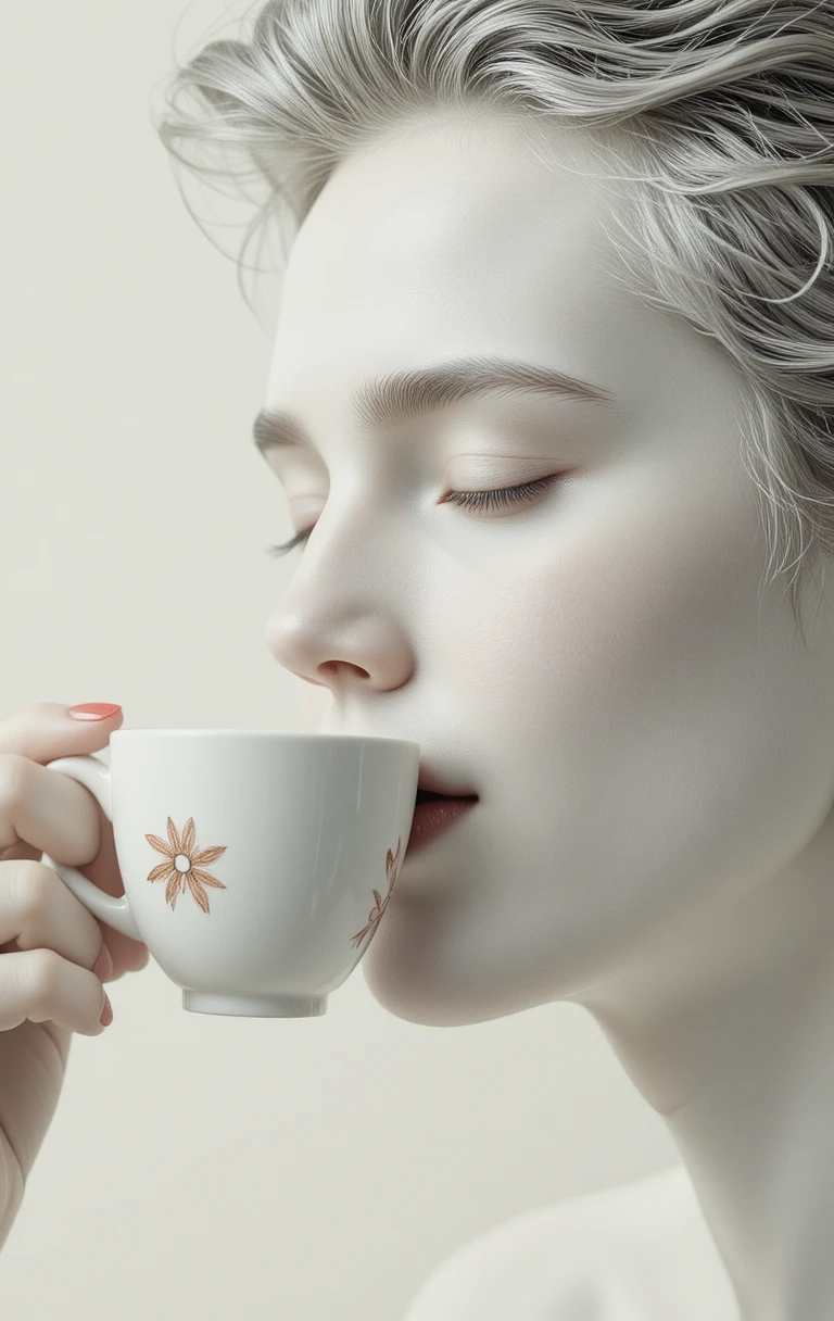 Retrato surreal en primer plano de un hombre bebiendo de una taza de café blanca