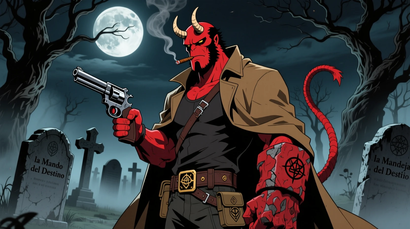 Demonio rojo de pie en un cementerio brumoso bajo la luna llena