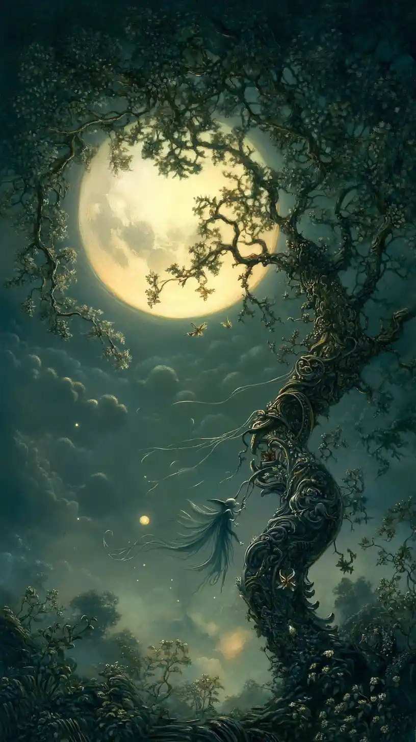 飄浮在朦霧月夜景緻中的空靈精靈女子