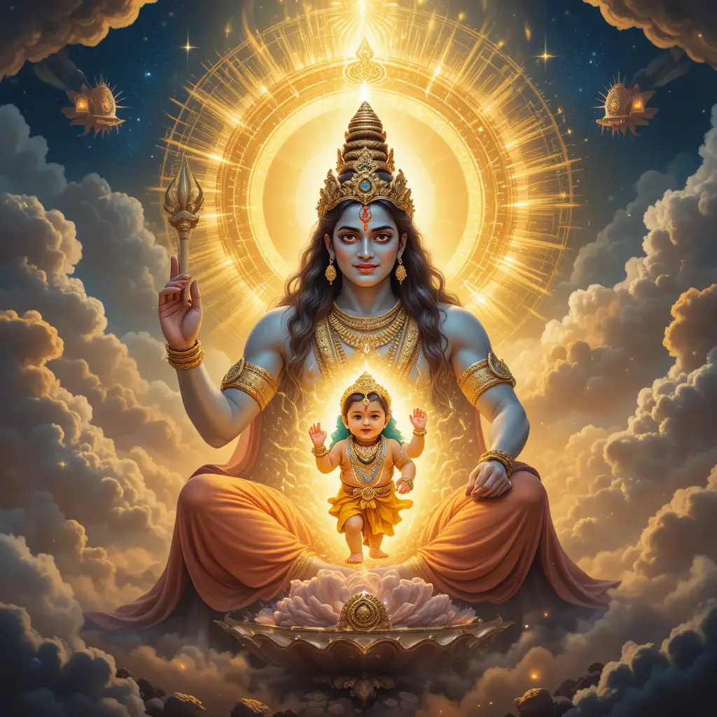 Divine birth of a Hindu deity blessed in celestial light