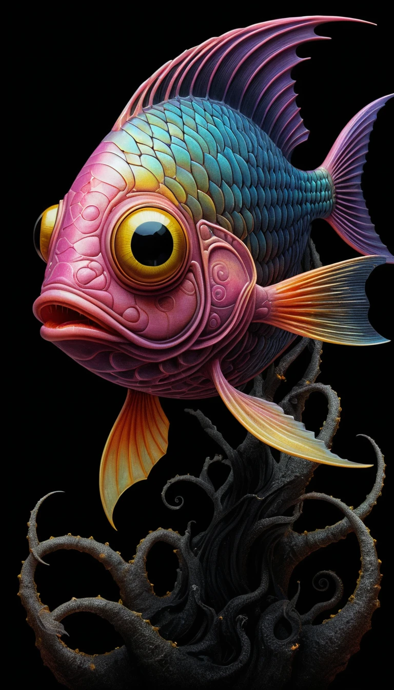 Mystical Iridescent Fish Emerging From A Dark Abyss