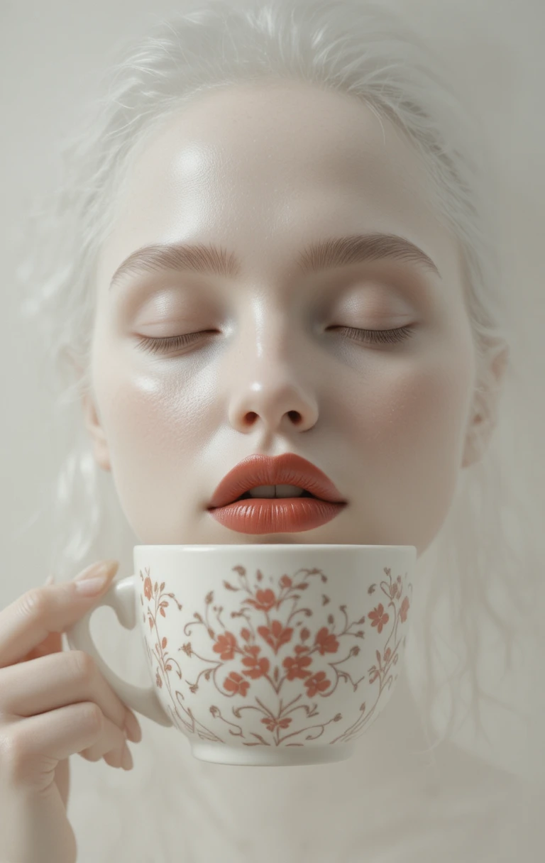 Surreal close up portrait of a porcelain woman with cup