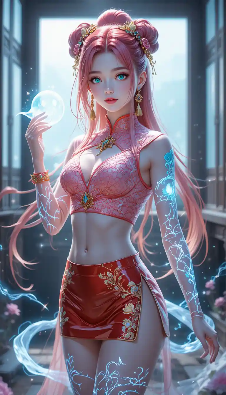Anime girl with crimson hair and hidden eye mark