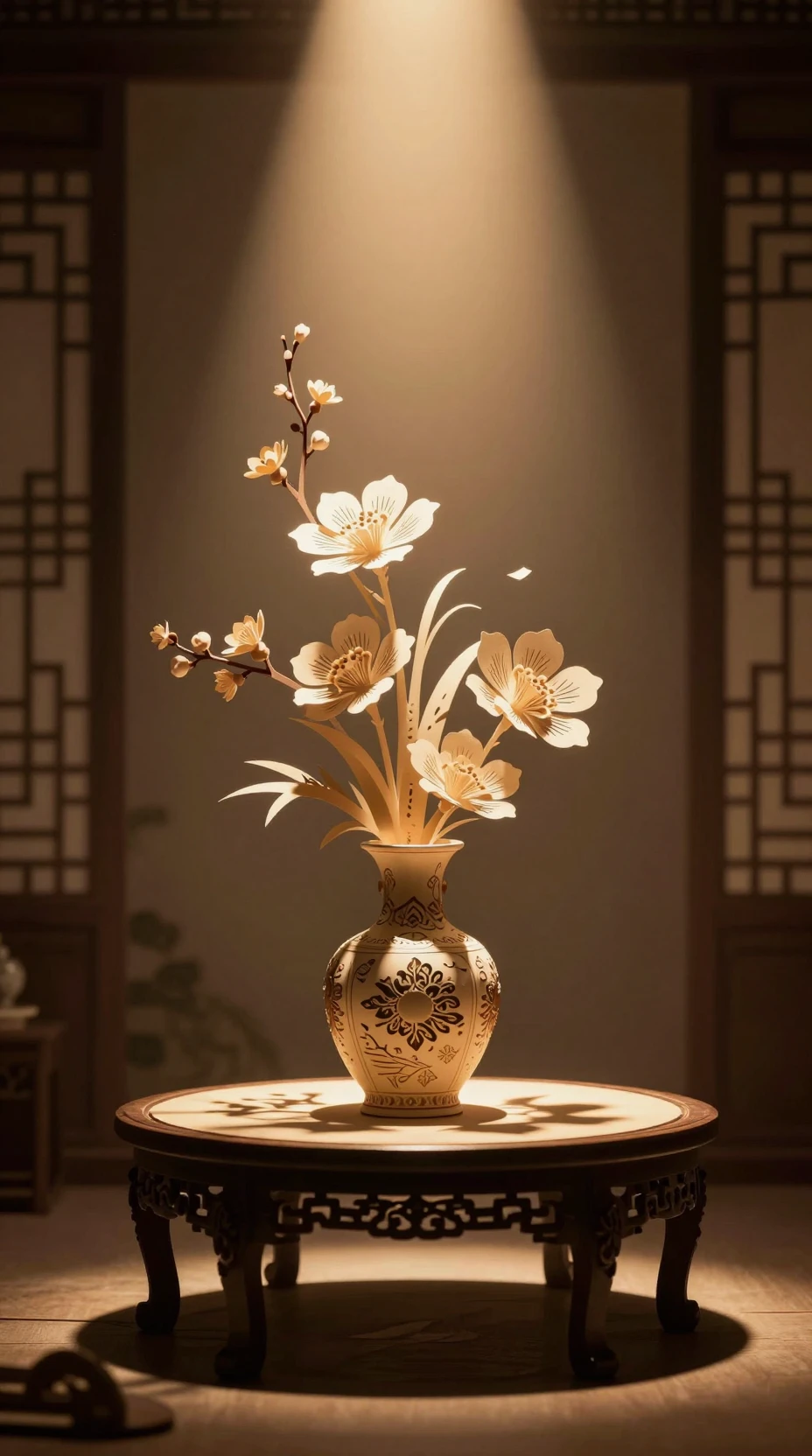 Arreglo floral de ikebana bajo un cálido foco en la oscuridad