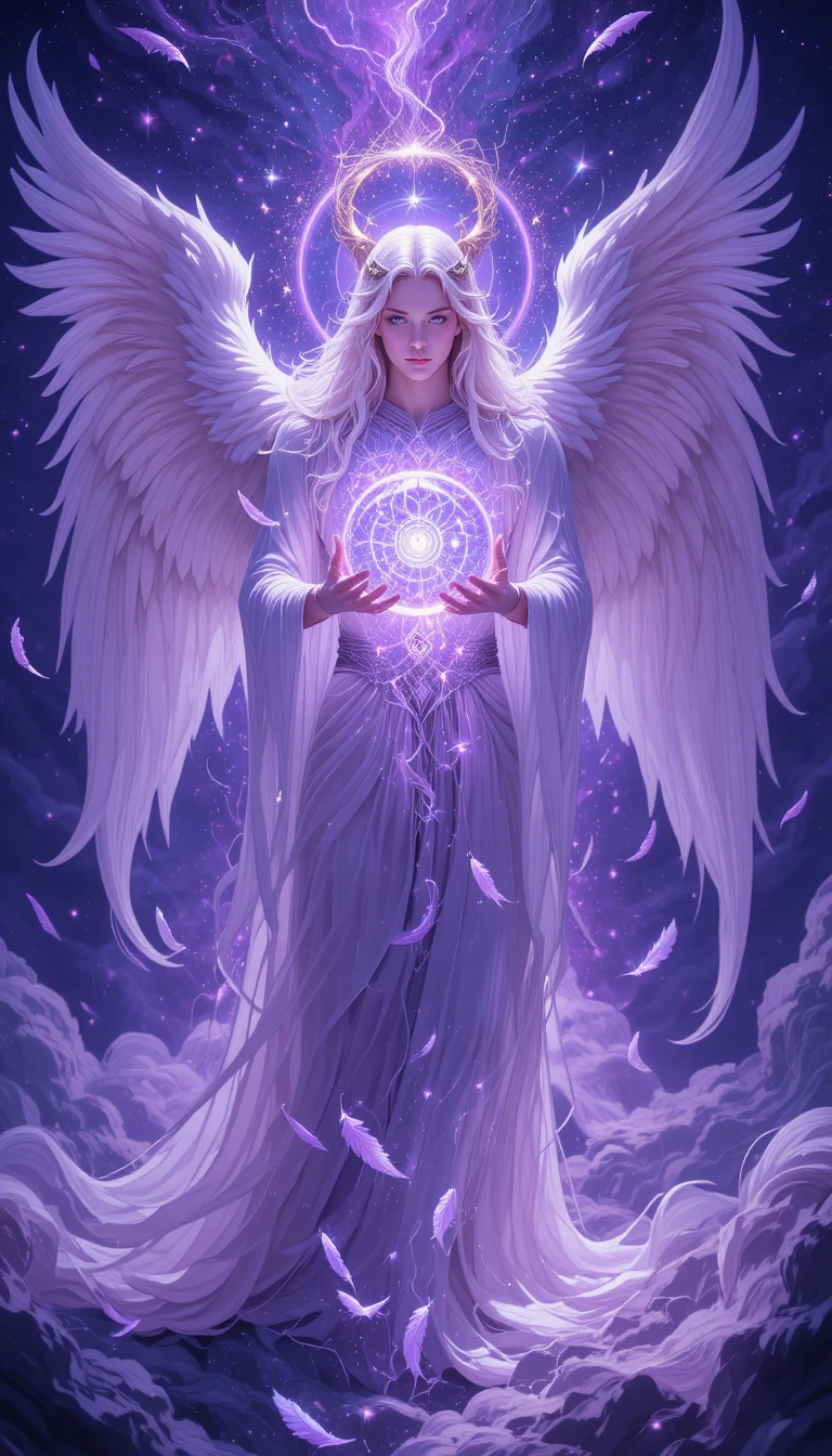 Archangel in a violet galaxy holding glowing sphere of light