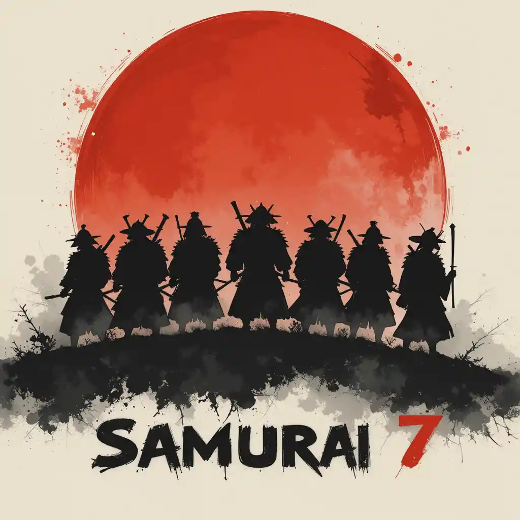 Seven samurai silhouettes before a crimson sun logo