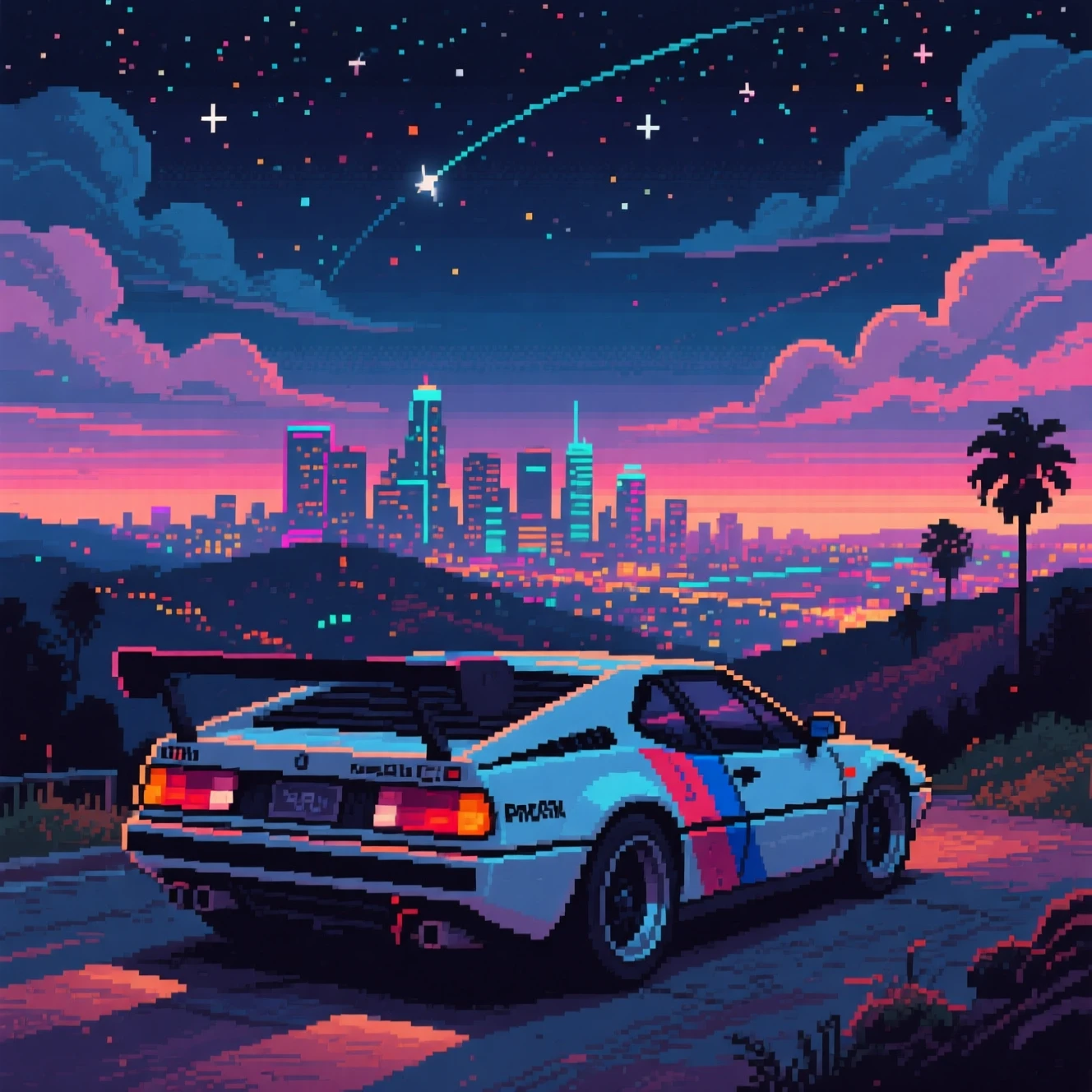 Auto sportiva in pixel art sopra Los Angeles di notte