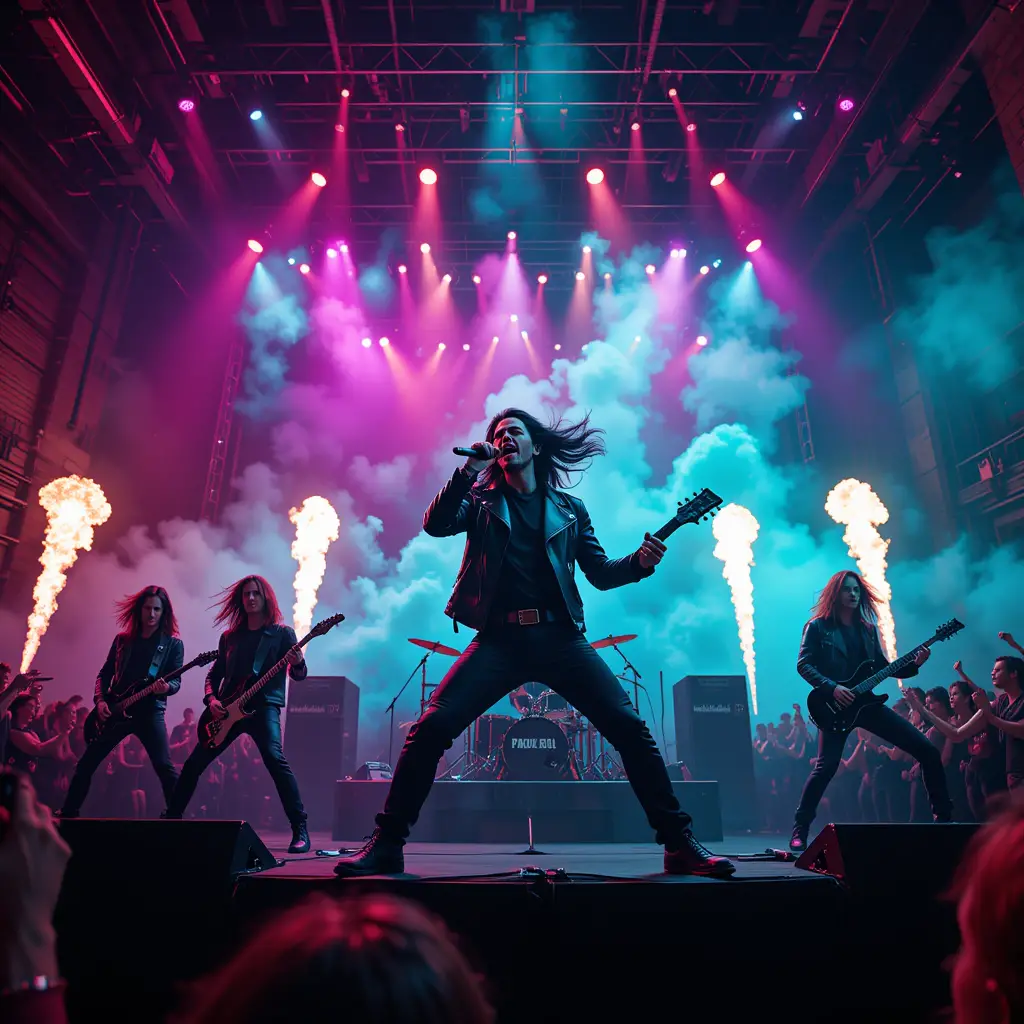 Metal band performing on stage with dramatic lights