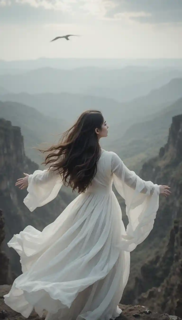Young woman on cliff edge in flowing white dress