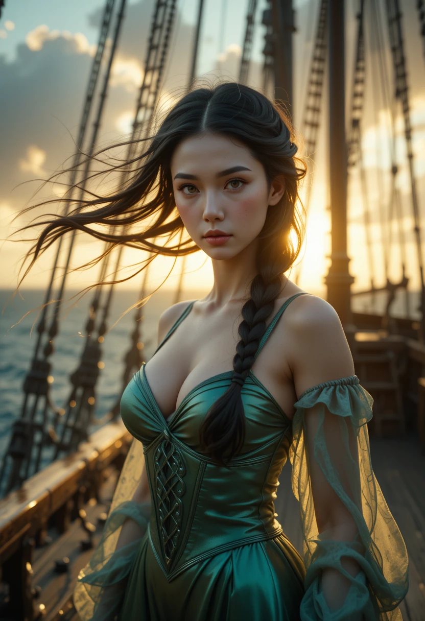 Celtic goddess on stormy clipper ship at golden hour