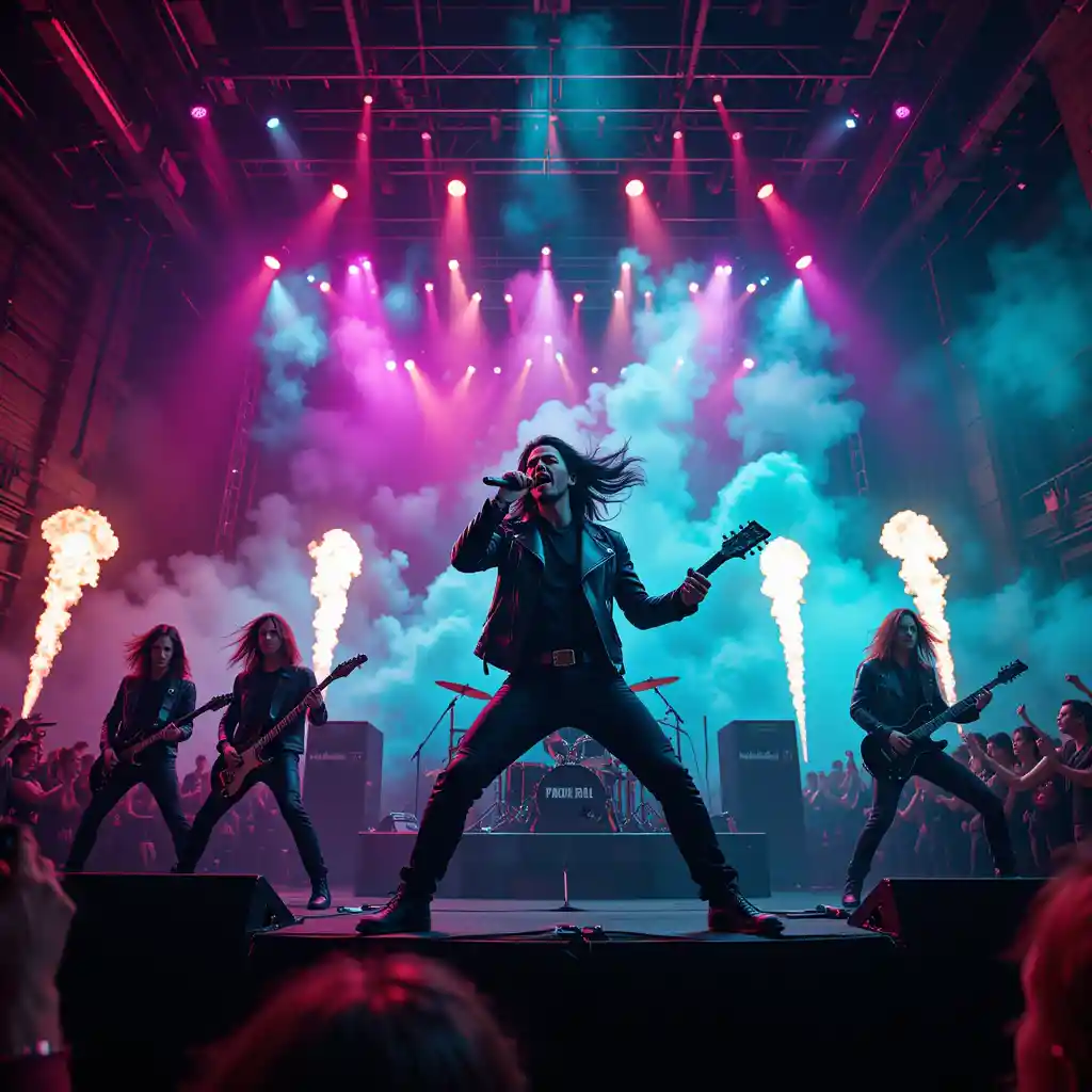 Groupe de metal sur scène avec des lumières dramatiques