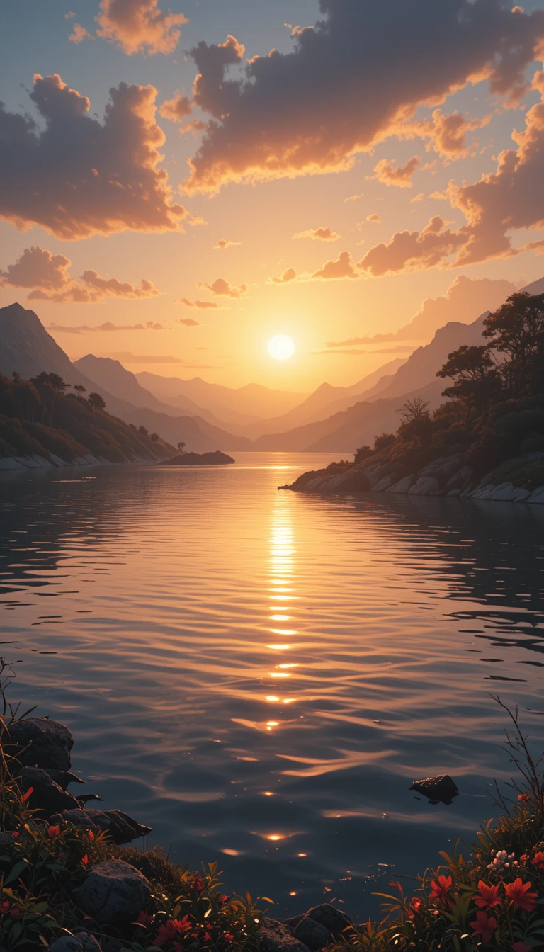 Golden hour light over a tranquil reflective lakeside