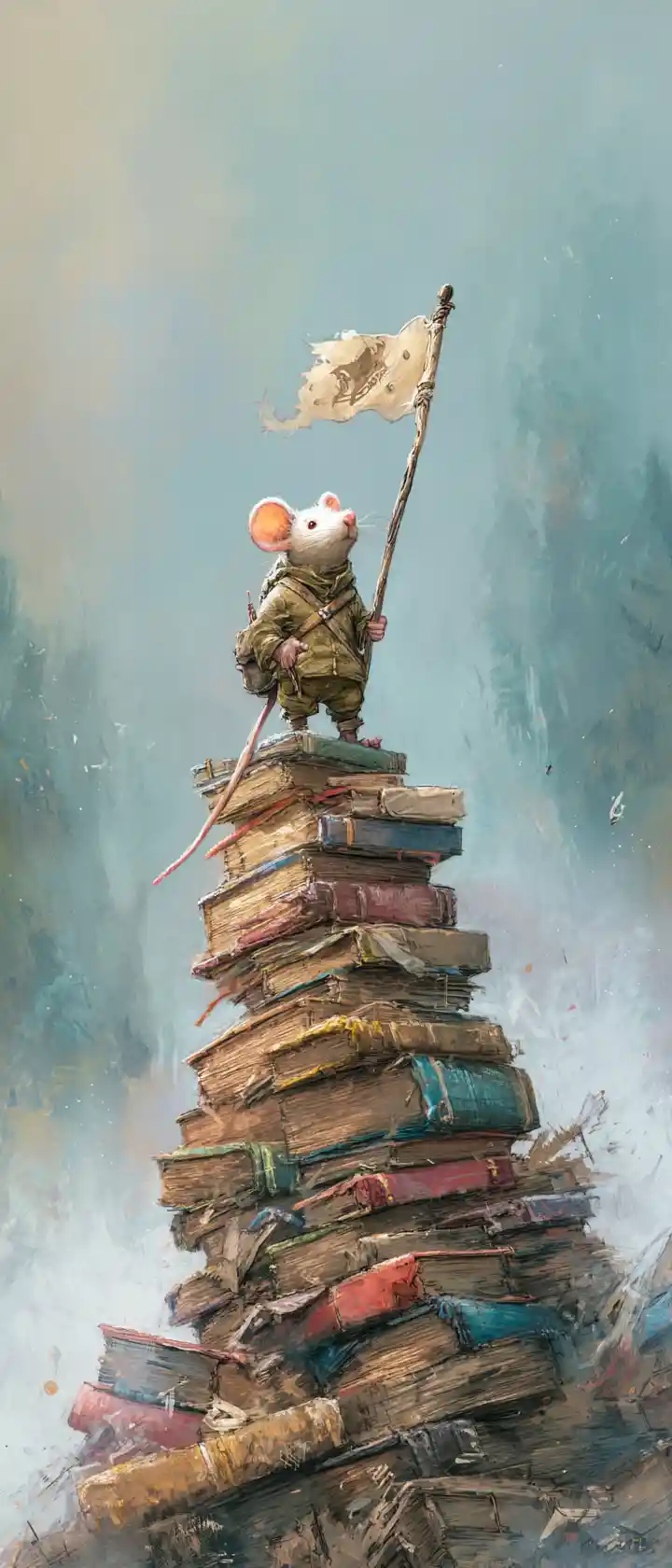 Tiny climbing mouse planting a flag atop tall books
