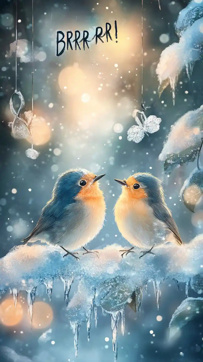 Cute winter birds on a snowy branch above icy water