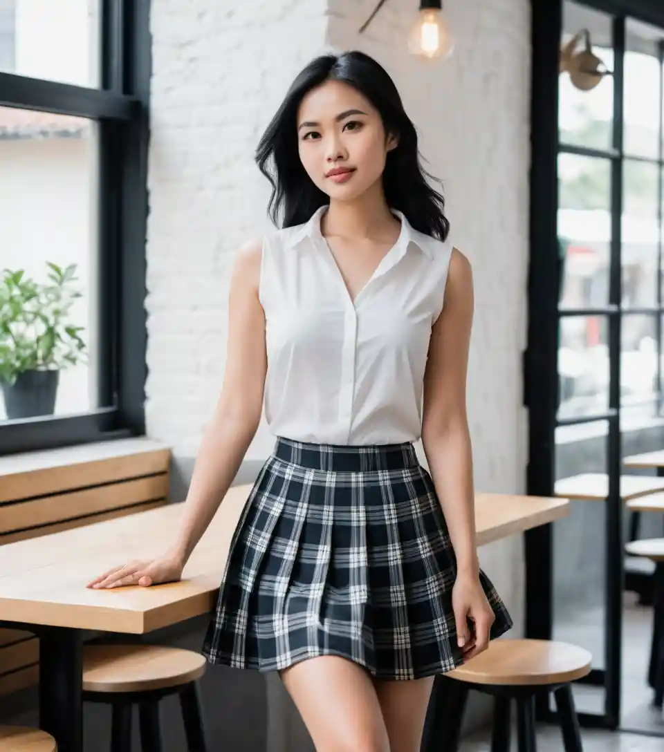 Vietnamese woman in white shirt in bright coffee shop