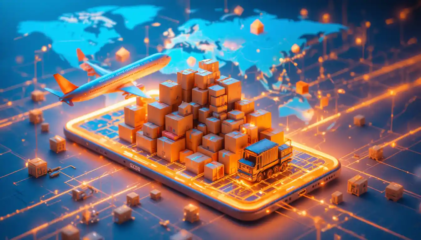 Isometric 3d logistics scene on glowing smartphone screen