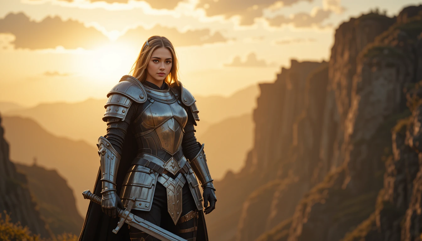 Young female knight on a cliff at dramatic sunset