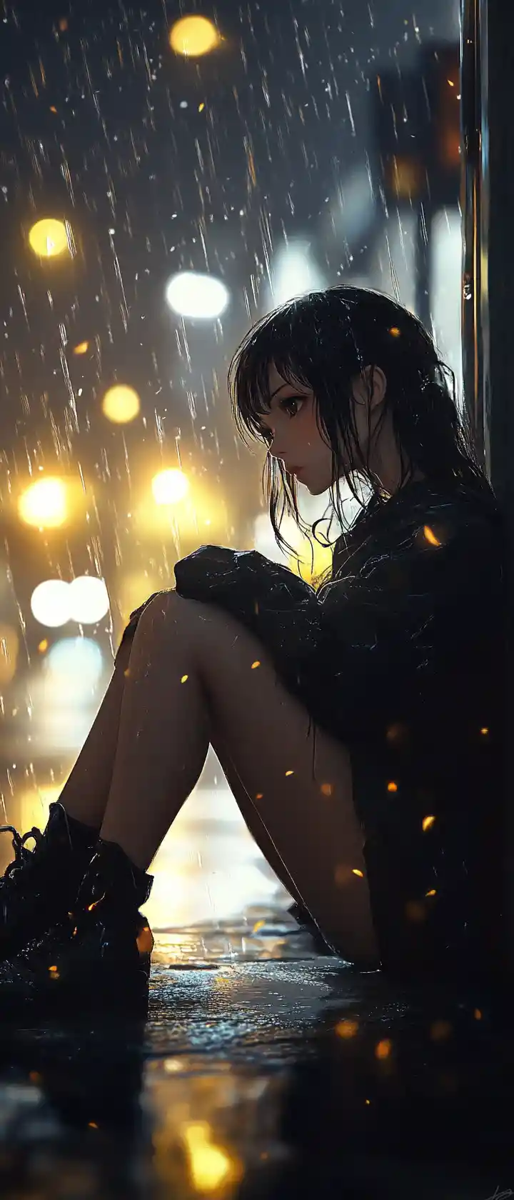 Anime girl sitting on a rainy city street at night