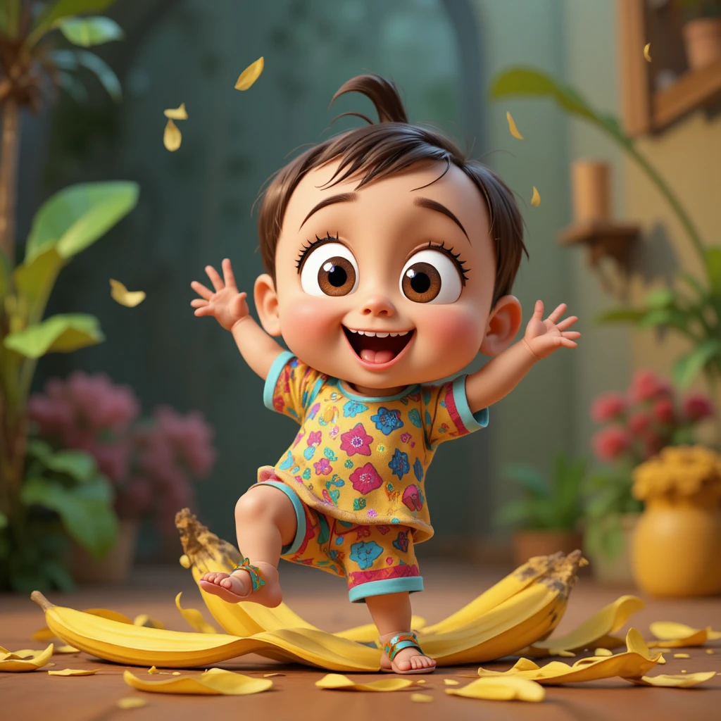 Cute cartoon child slipping on a banana peel