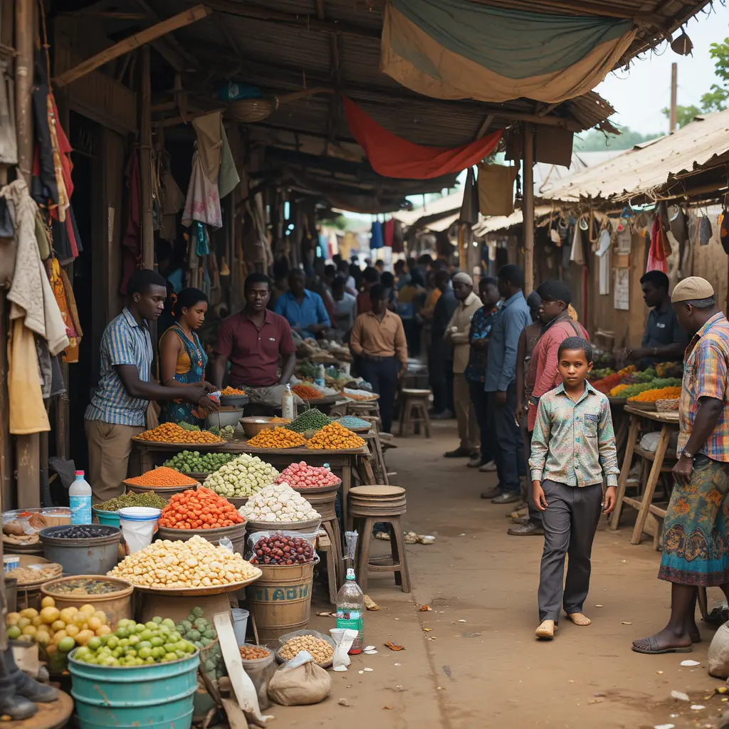 Busy outdoor African marketplace with people trading goods