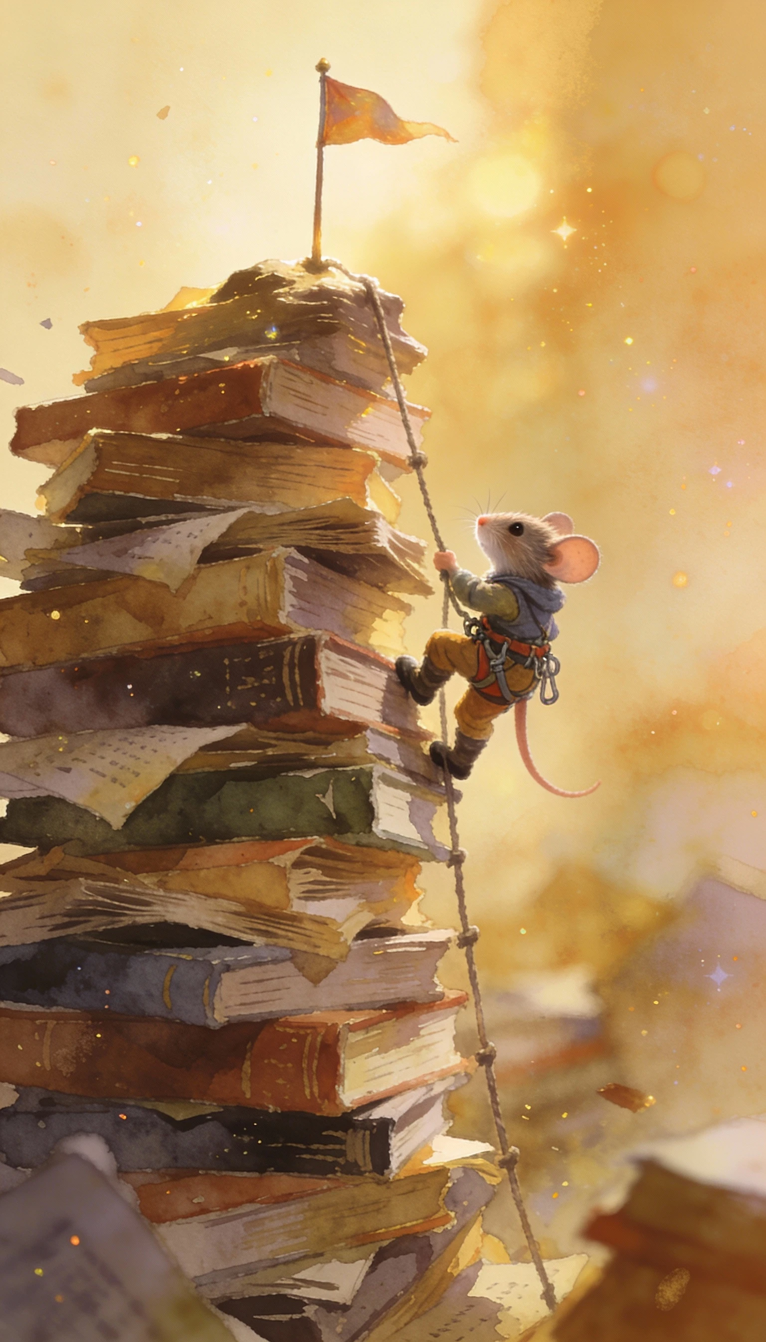 Tiny climbing mouse planting a flag atop tall books