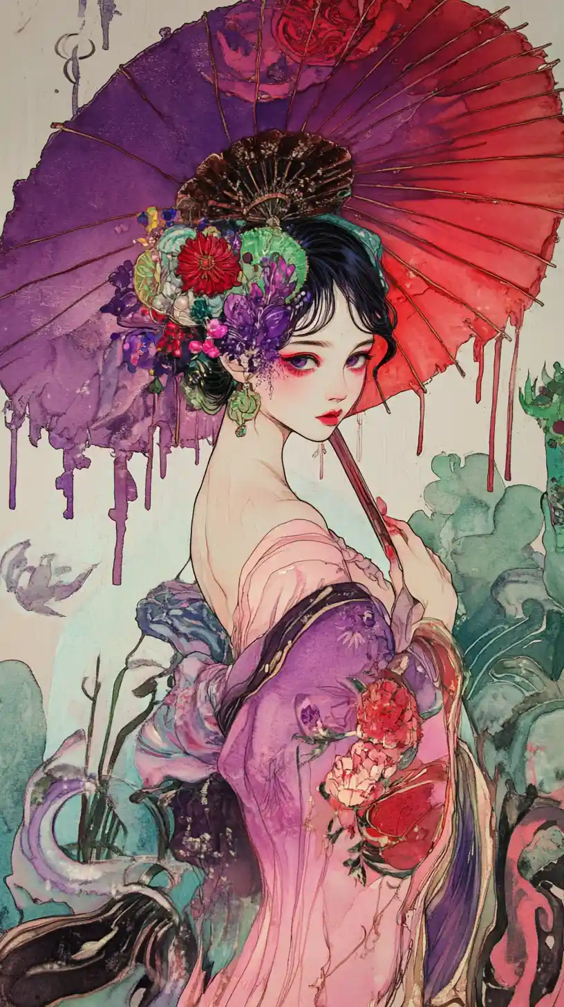 Girl With Purple Umbrella In Heart Shaped Watercolor Scene