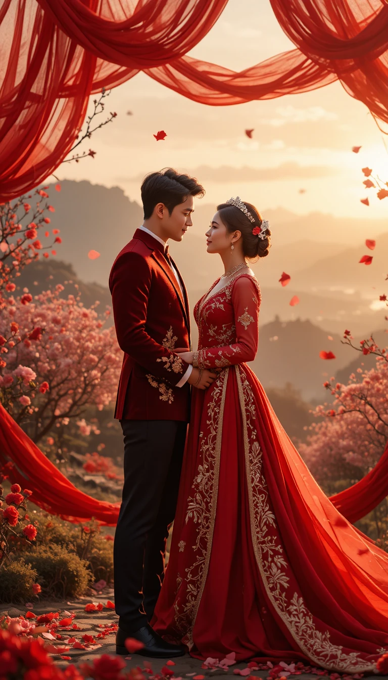 Romantic wedding couple in red attire at golden sunset