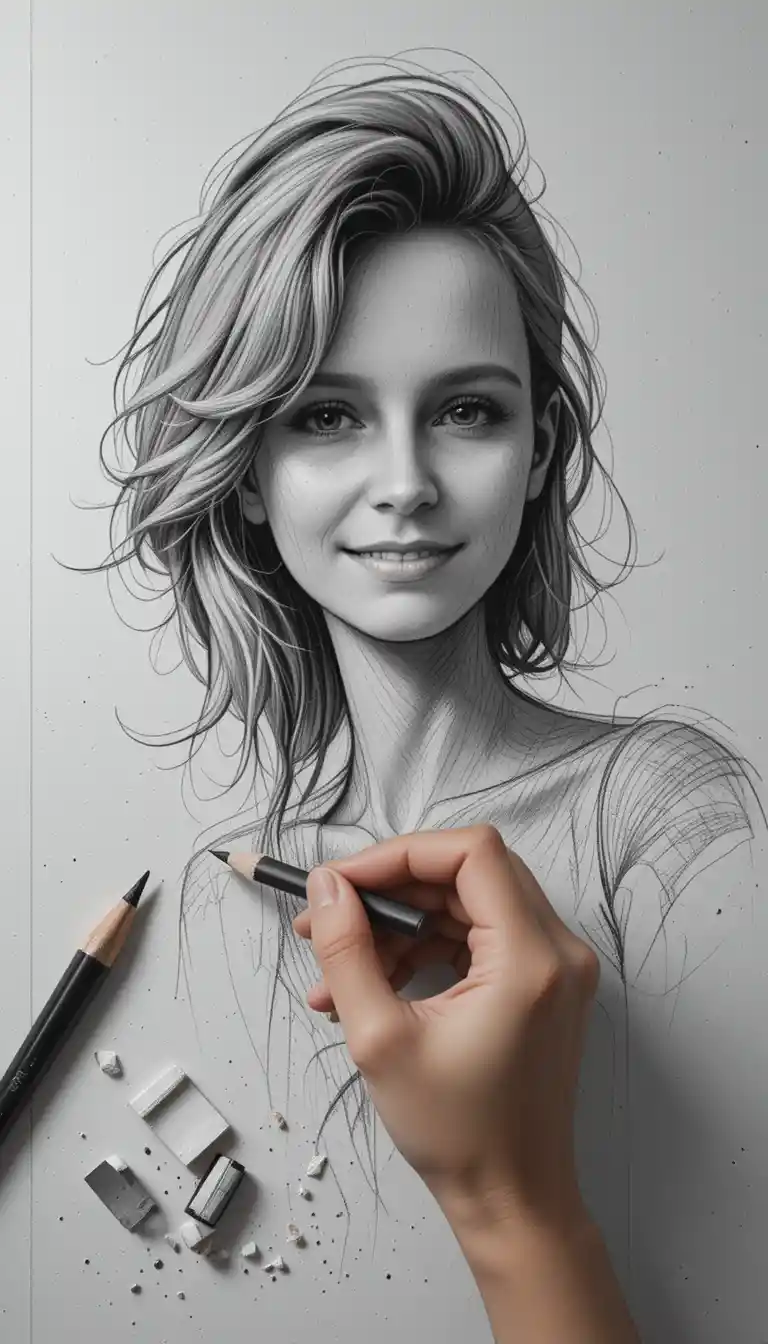 Artist sketching in graphite on textured notebook paper
