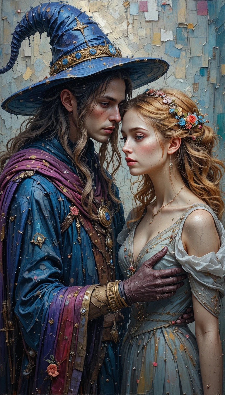 Mago e principessa fantasy in una ricca pittura a impasto