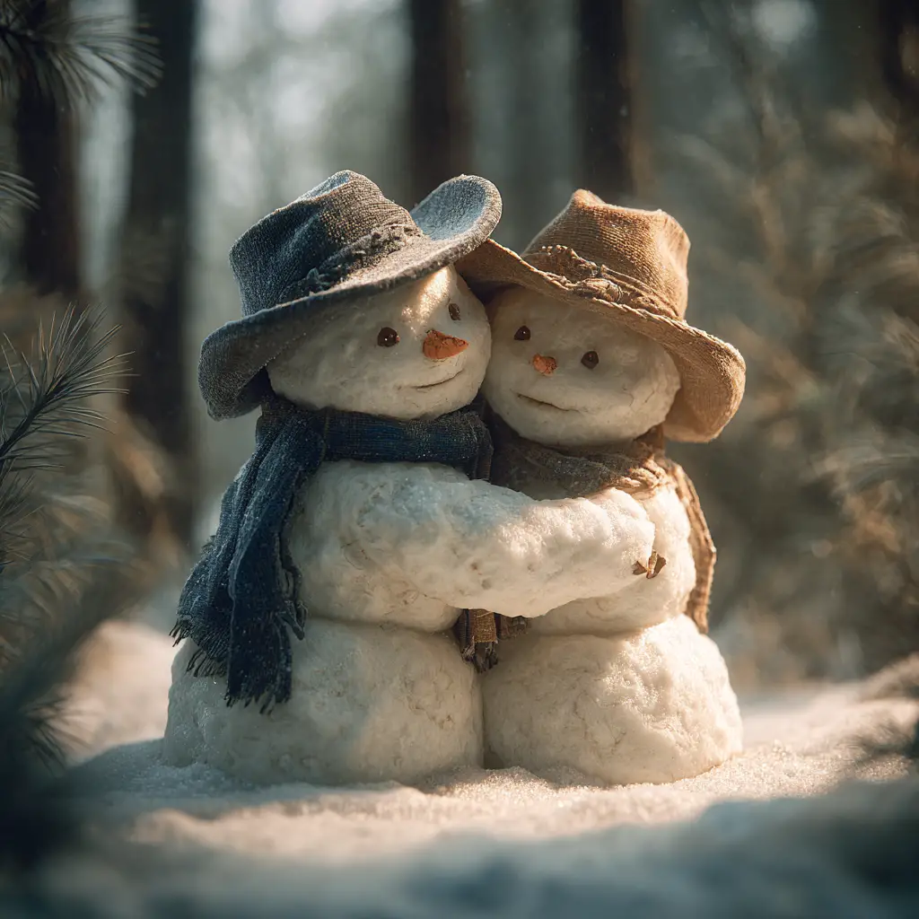 Intimate snowmen embrace in a quiet winter forest