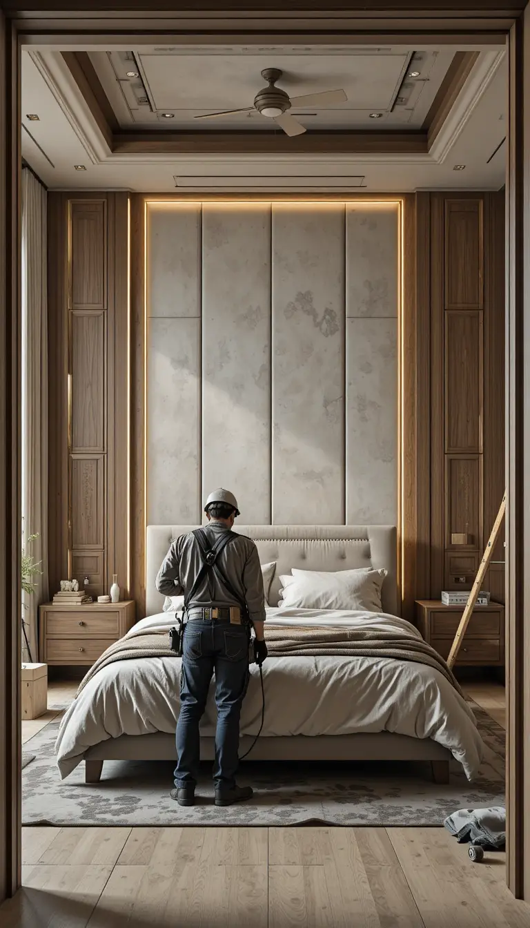 Master bedroom renovation with tools ladders and wall panels