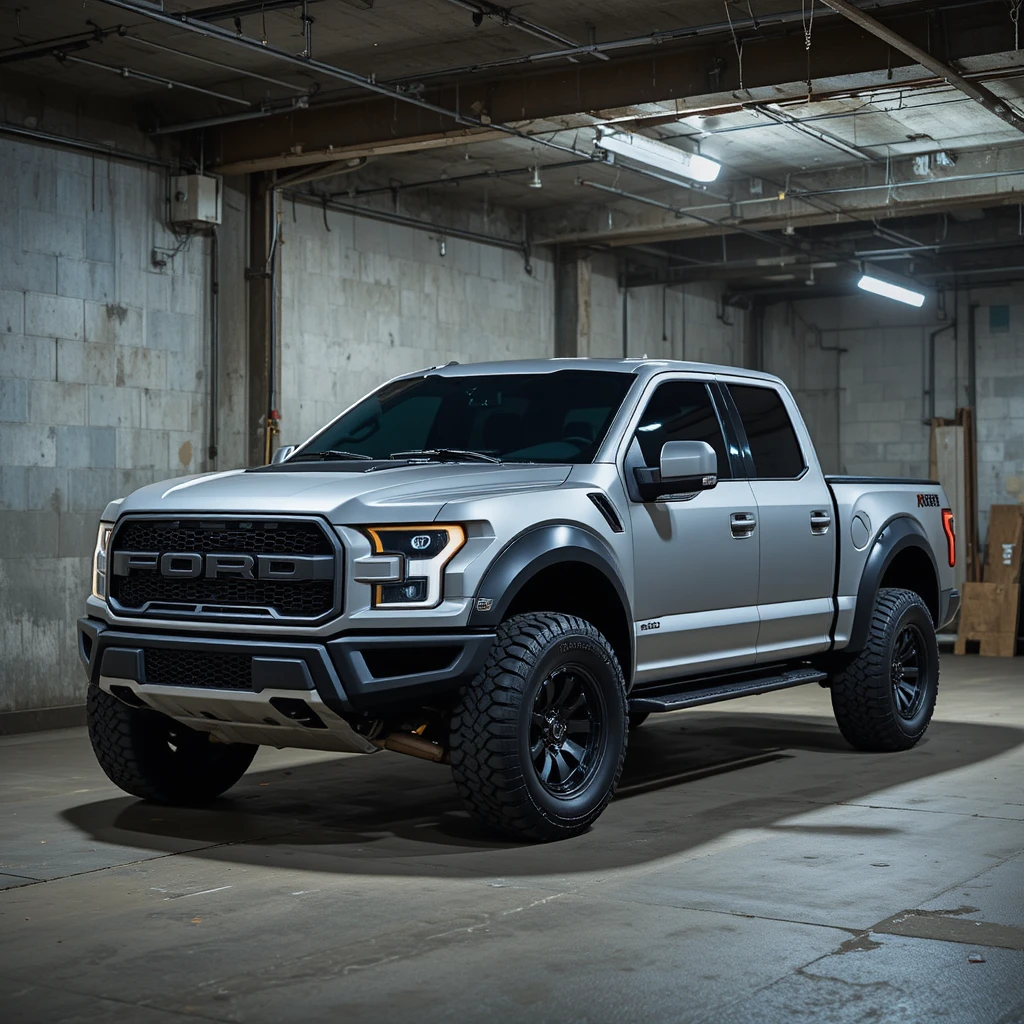 Pickup argentato parcheggiato in un garage sotterraneo poco illuminato