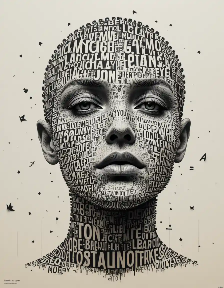 Ruhiges menschliches Gesicht, vollständig aus ausdrucksstarker Typografie gestaltet