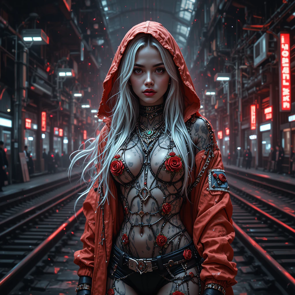 Cyberpunk-Frau, die in Pixel zerfällt, im nächtlichen Bahnhof