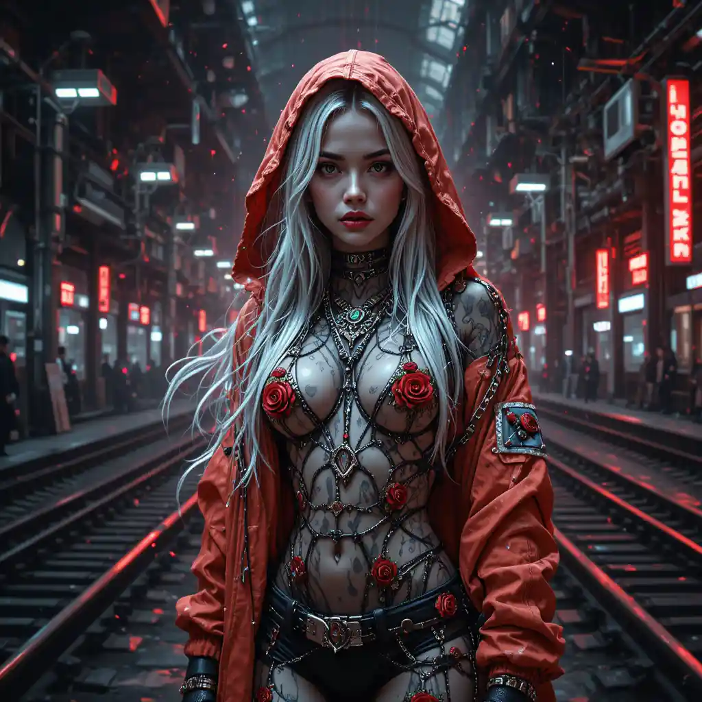 Cyberpunk-Frau, die in Pixel zerfällt, im nächtlichen Bahnhof