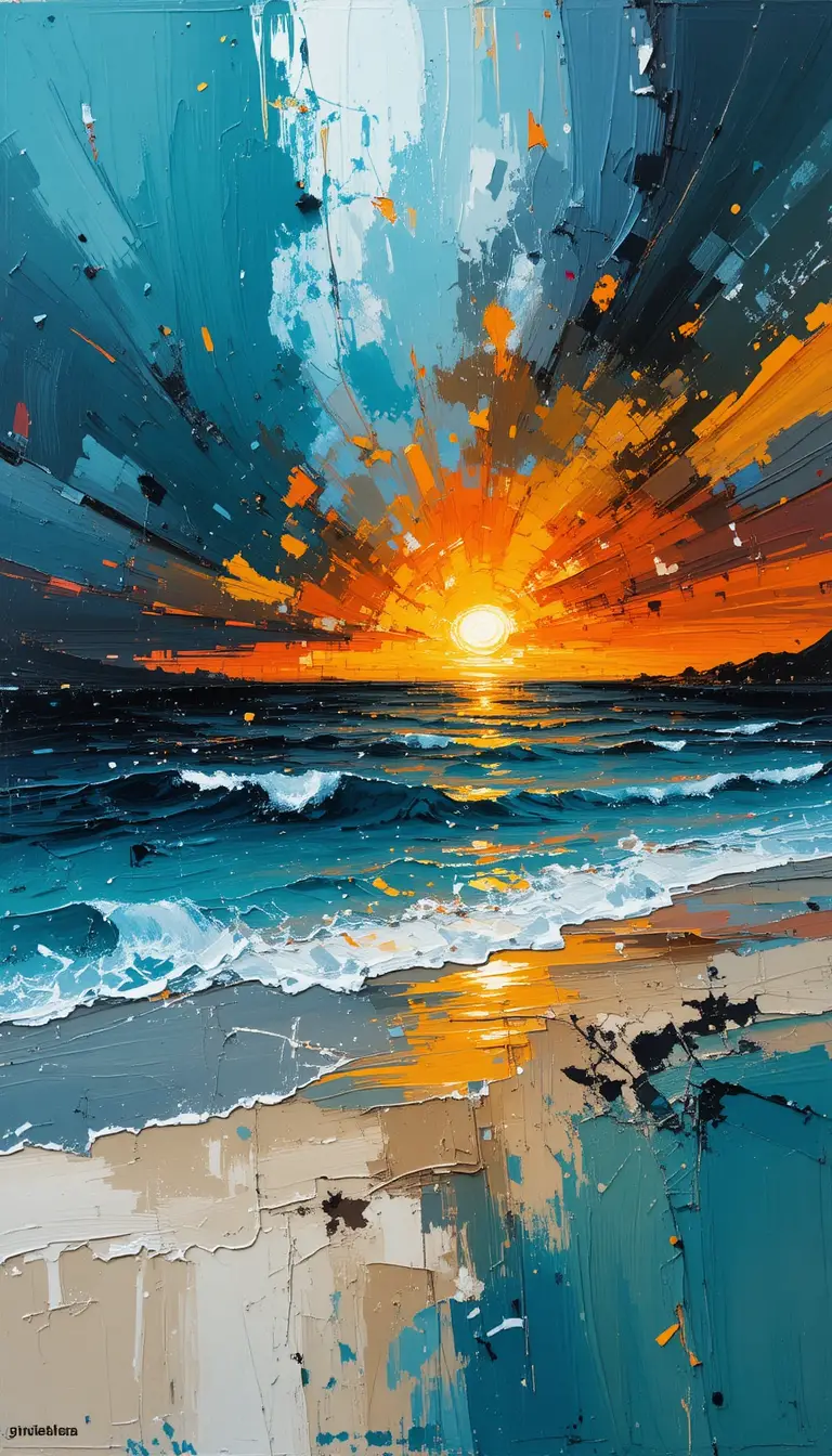 Abstract brushstroke beach sunset in teal and orange tones