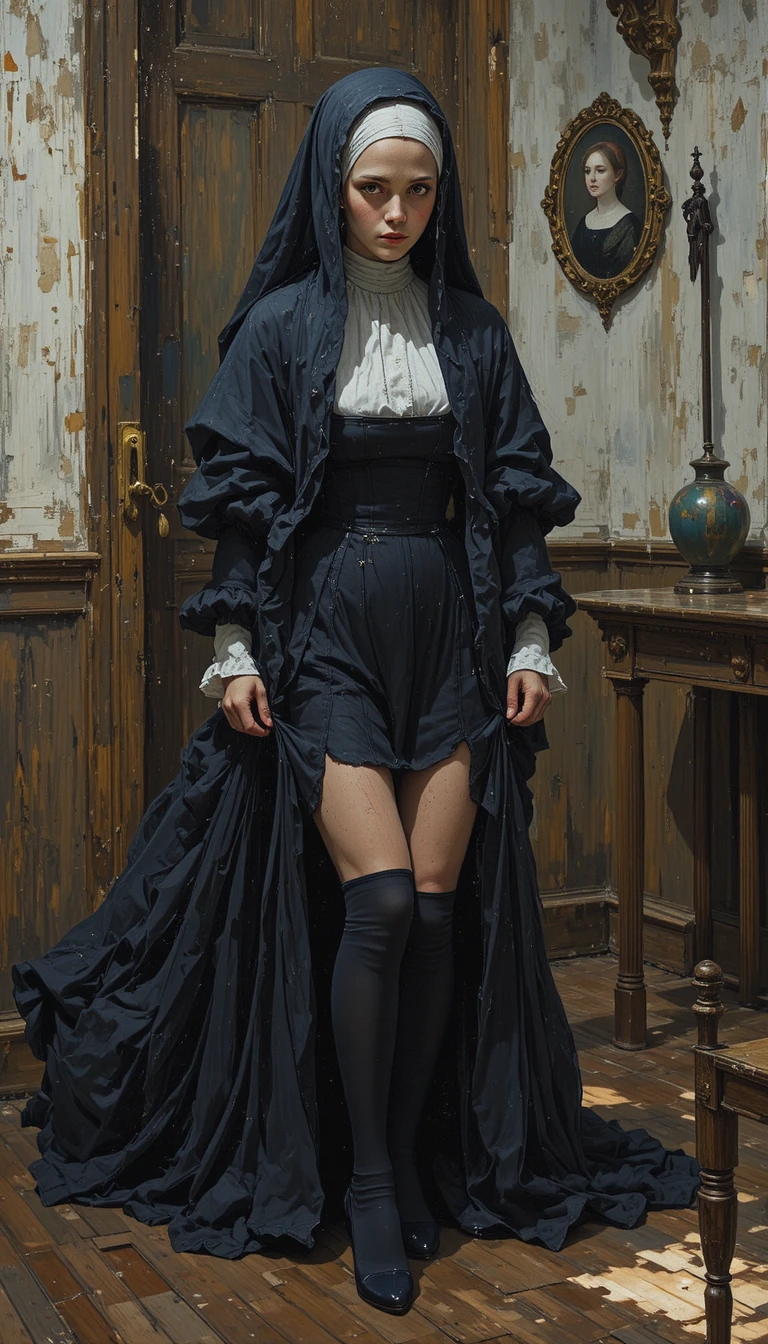 Young medieval nun dressing in a quiet interior room