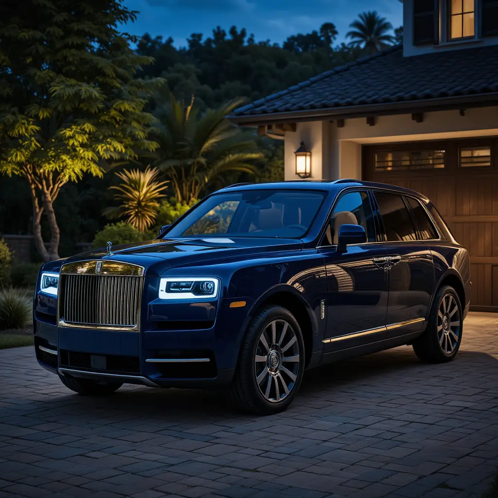 Dark blue luxury SUV parked on a quiet night driveway
