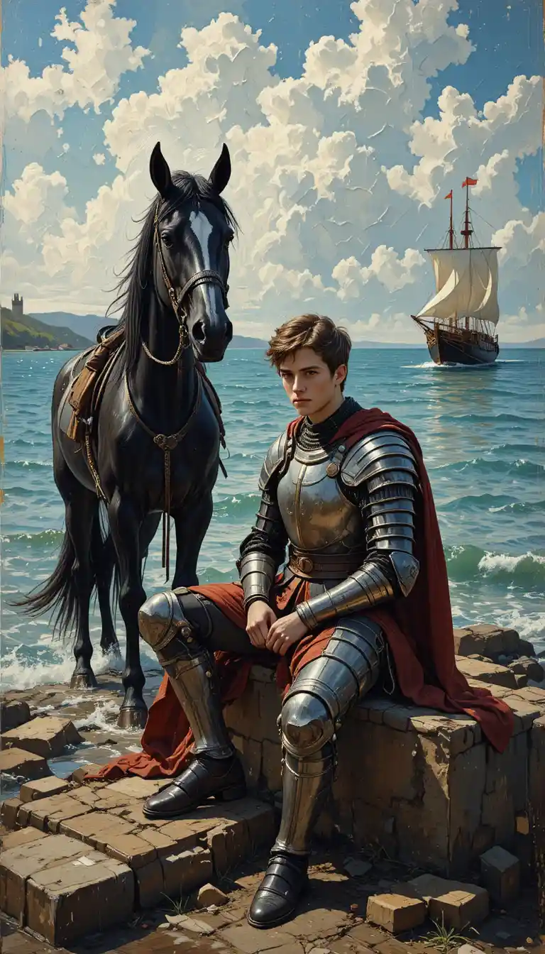 Joven rey acorazado descansando a la orilla con un caballo
