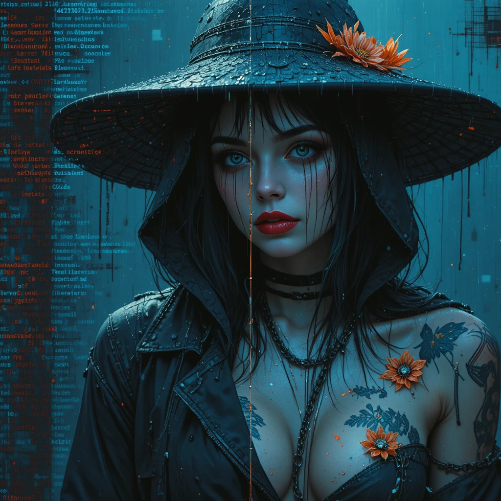 Unheimlicher Splitscreen aus Glitch-Code und vermummter Cyberpunk-Frau