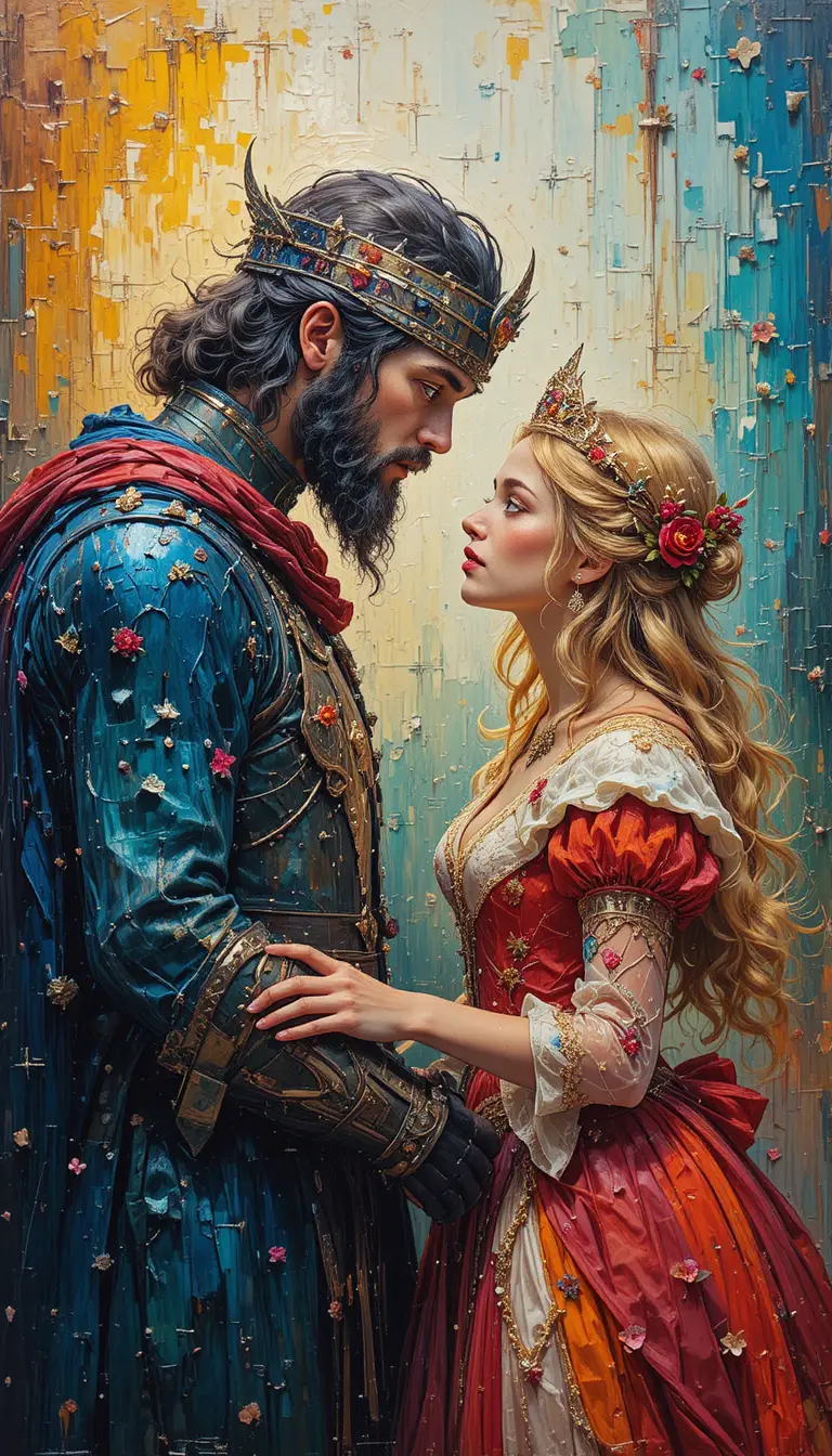 Impasto painting of King Arthur with the Princess in rich color